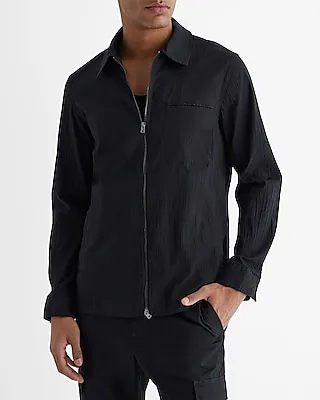 Crinkle Stretch Cotton Zip Shirt Jacket Black Men's