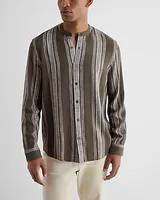 Striped Banded Collar Stretch Linen-Blend Shirt Green Men's XS