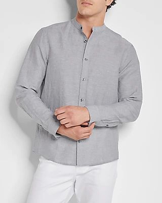 Solid Banded Collar Linen Shirt Gray Men's XL