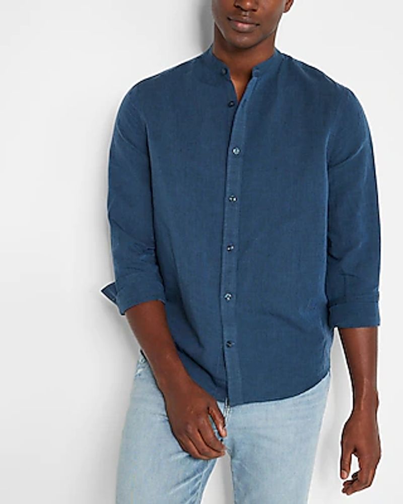 Big & Tall Solid Banded Collar Linen Shirt Blue Men's XXL