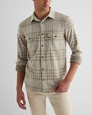 Grid Plaid Double Pocket Sweater Flannel Shirt Neutral Men's XL