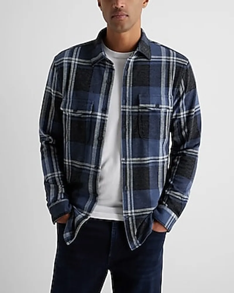 Plaid Double Pocket Sweater Flannel Shirt Blue Men's S