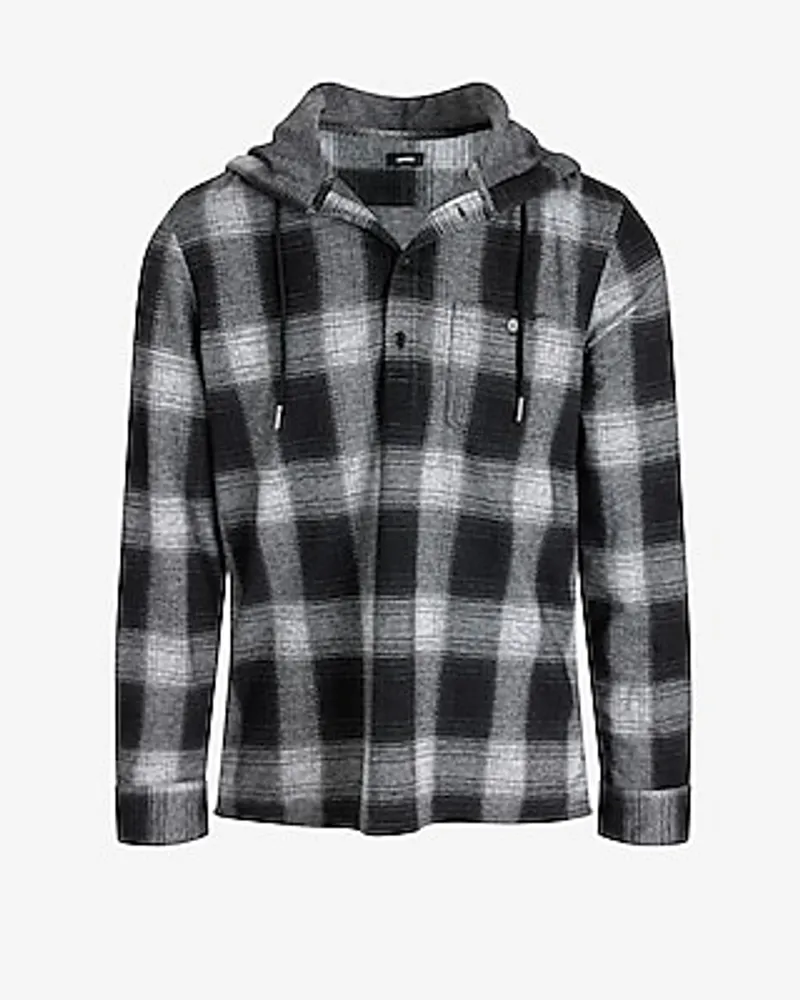 Plaid Hooded Popover Sweater Flannel Black Men's XS