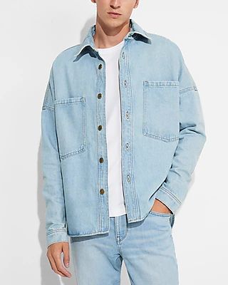 Express X Simon Spurr Unisex Oversized Light Indigo Denim Shirt Blue Men's L