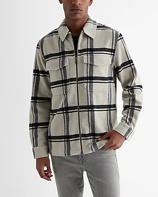 Plaid Wool-Blend Zip Shirt Jacket Neutral Men's