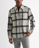 Plaid Wool-Blend Zip Shirt Jacket Neutral Men's XS