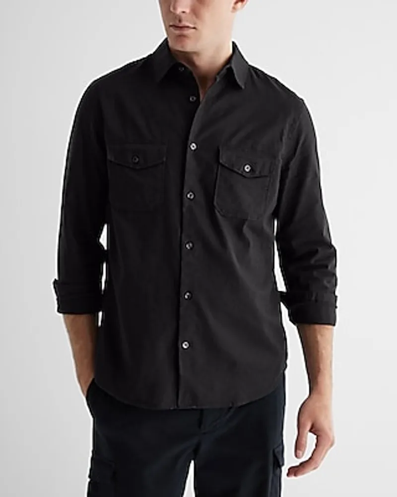 Double Pocket Stretch Linen-Blend Shirt Black Men's S