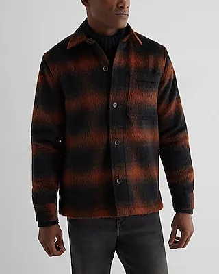 Fuzzy Plaid Shirt Jacket Brown Men's XL