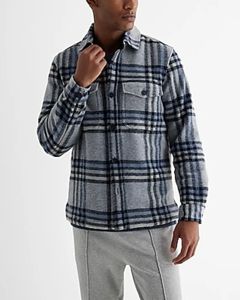 Plaid Knit Shirt Jacket Gray Men's XS