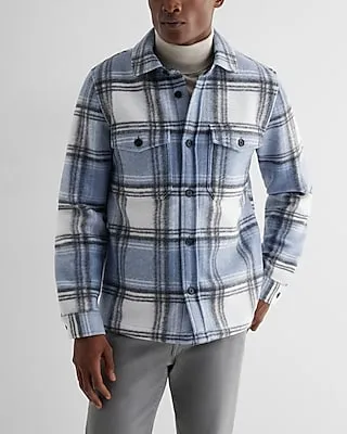 Plaid Double Pocket Knit Shirt Jacket Blue Men's XXL Tall