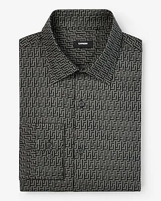 Extra Slim Maze Geo Print Stretch 1Mx Dress Shirt Gray Men's XL Tall