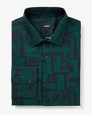 Extra Slim Abstract Maze Square Print Stretch 1Mx Shirt Green Men's XL