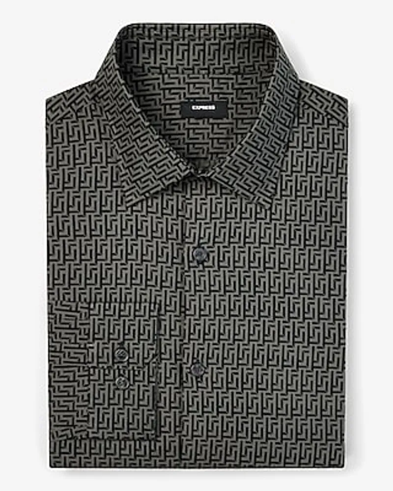 Classic Maze Geo Print Stretch 1Mx Dress Shirt Gray Men's M Tall