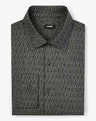 Classic Maze Geo Print Stretch 1Mx Dress Shirt Gray Men's M Tall