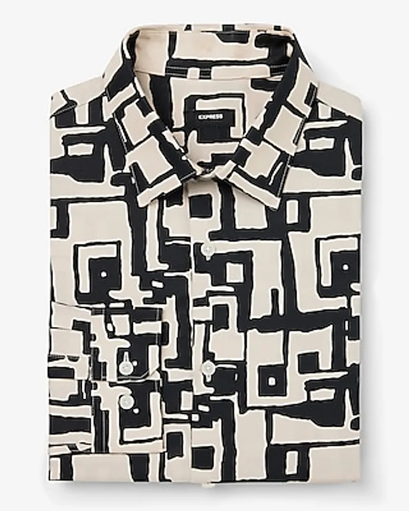 Slim Abstract Maze Square Print Stretch 1Mx Shirt Neutral Men's