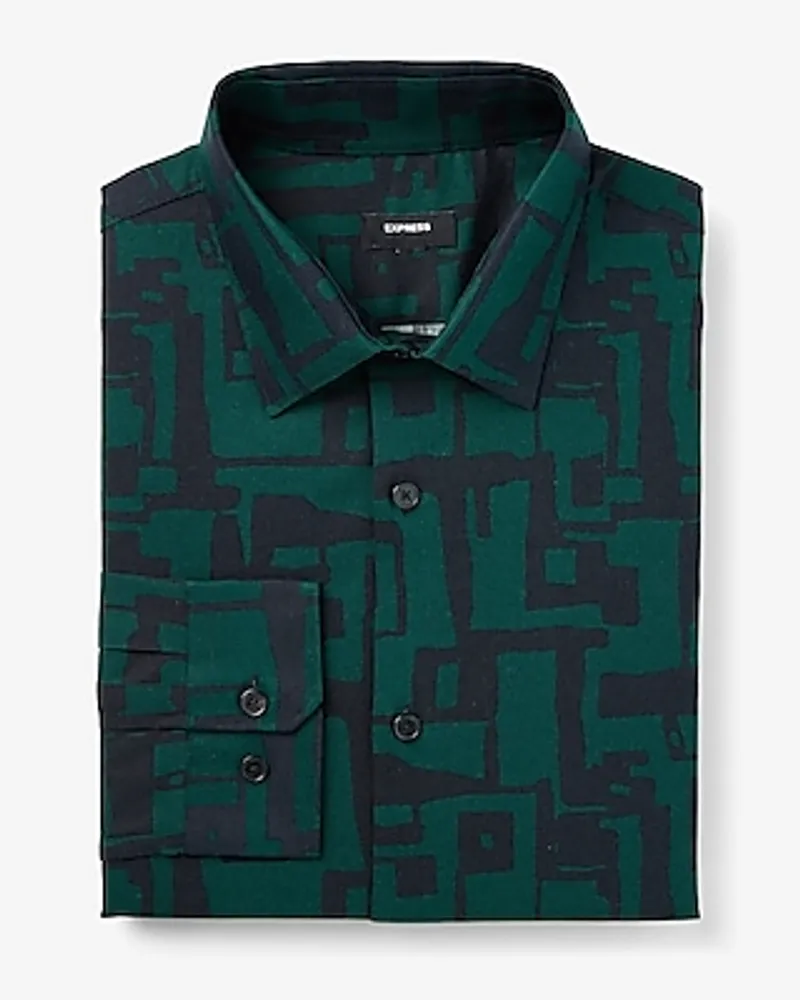 Slim Abstract Maze Square Print Stretch 1Mx Shirt Green Men's