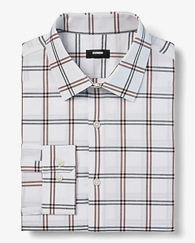 Slim Grid Plaid Stretch 1Mx Dress Shirt White Men's Tall