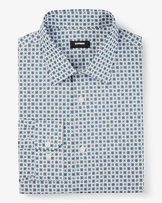 Slim Decorative Geo Print Stretch 1Mx Dress Shirt Blue Men's