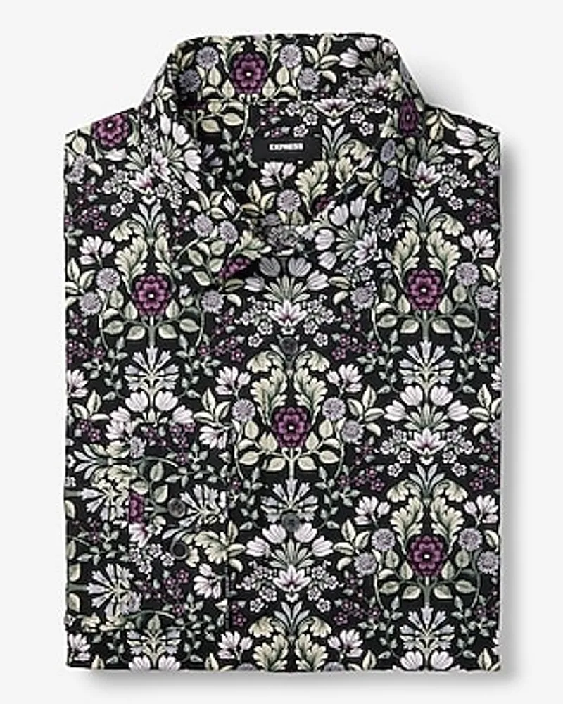 Extra Slim Floral Motif Stretch 1Mx Dress Shirt Black Men's