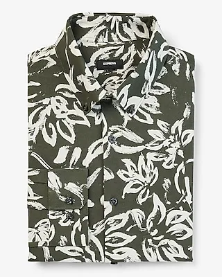 Slim Floral Print Stretch 1Mx Dress Shirt Green Men's M