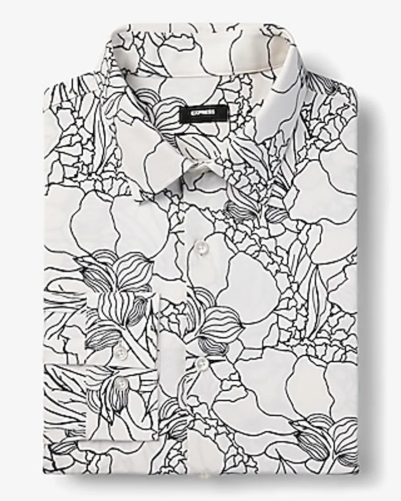 Big & Tall Slim Abstract Line Floral Stretch Modern Tech 1Mx Dress Shirt White Men's XXL