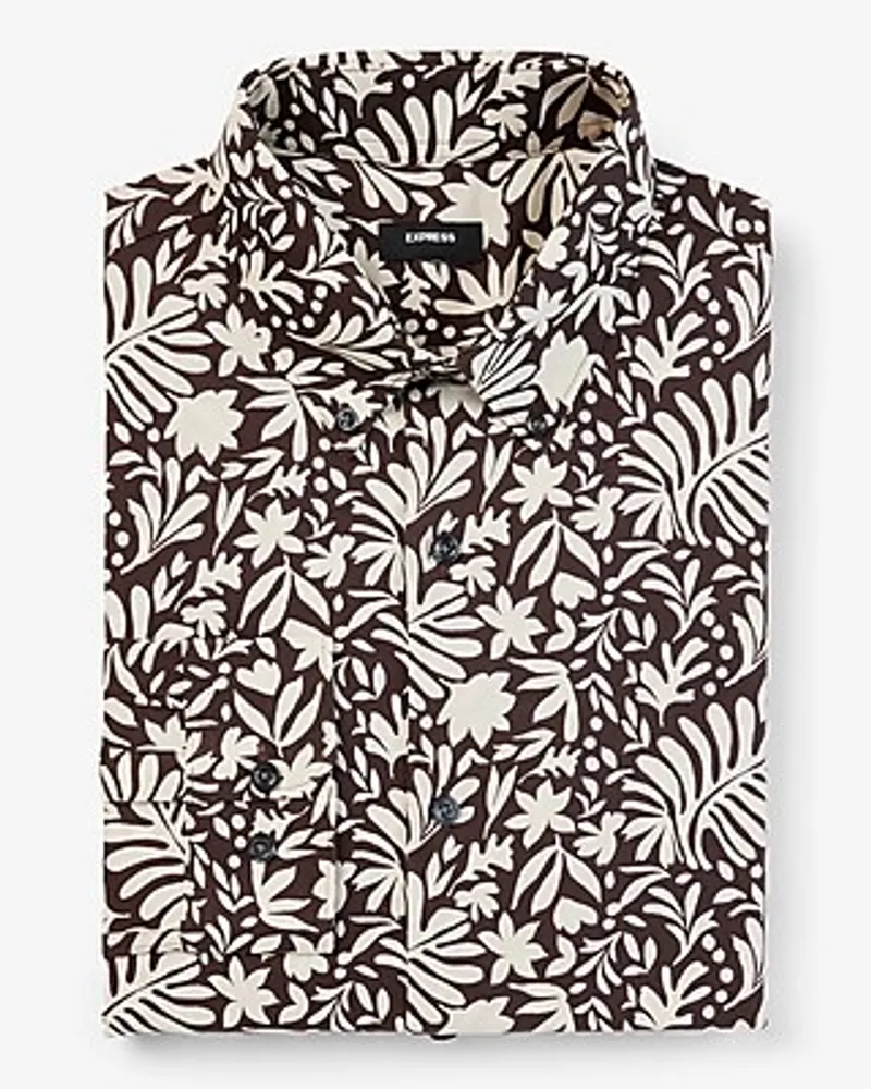 Slim Abstract Floral Print Stretch 1Mx Dress Shirt Brown Men's