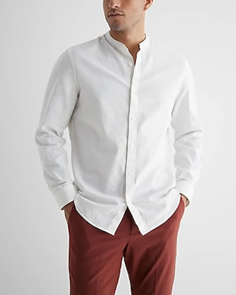 Slim Solid Stretch Linen Banded Collar 1Mx Dress Shirt White Men's XL