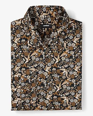 Slim Floral Bird Print Stretch 1Mx Dress Shirt Black Men's