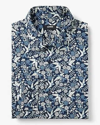 Slim Floral Bird Print Stretch 1Mx Dress Shirt Men's
