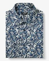 Slim Floral Bird Print Stretch 1Mx Dress Shirt Blue Men's M