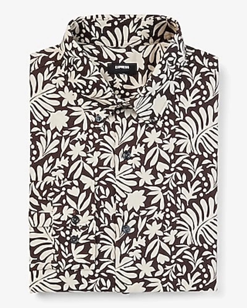 Slim Abstract Floral Print Stretch 1Mx Dress Shirt Brown Men's L