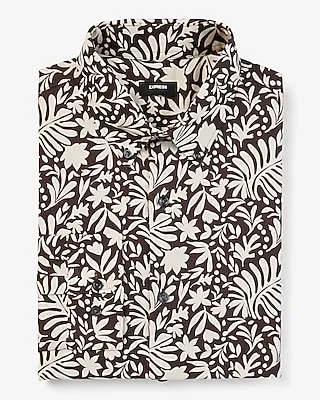 Slim Abstract Floral Print Stretch 1Mx Dress Shirt Brown Men's S