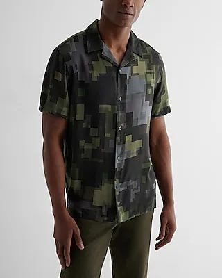 Pixel Camo Rayon Short Sleeve Shirt Black Men's Tall