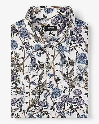 Extra Slim Floral Bird Print Stretch 1Mx Dress Shirt White Men's M Tall