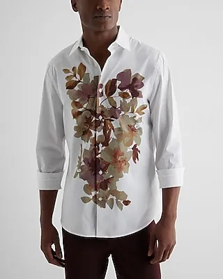 Slim Floral Graphic Stretch 1Mx Dress Shirt White Men's L