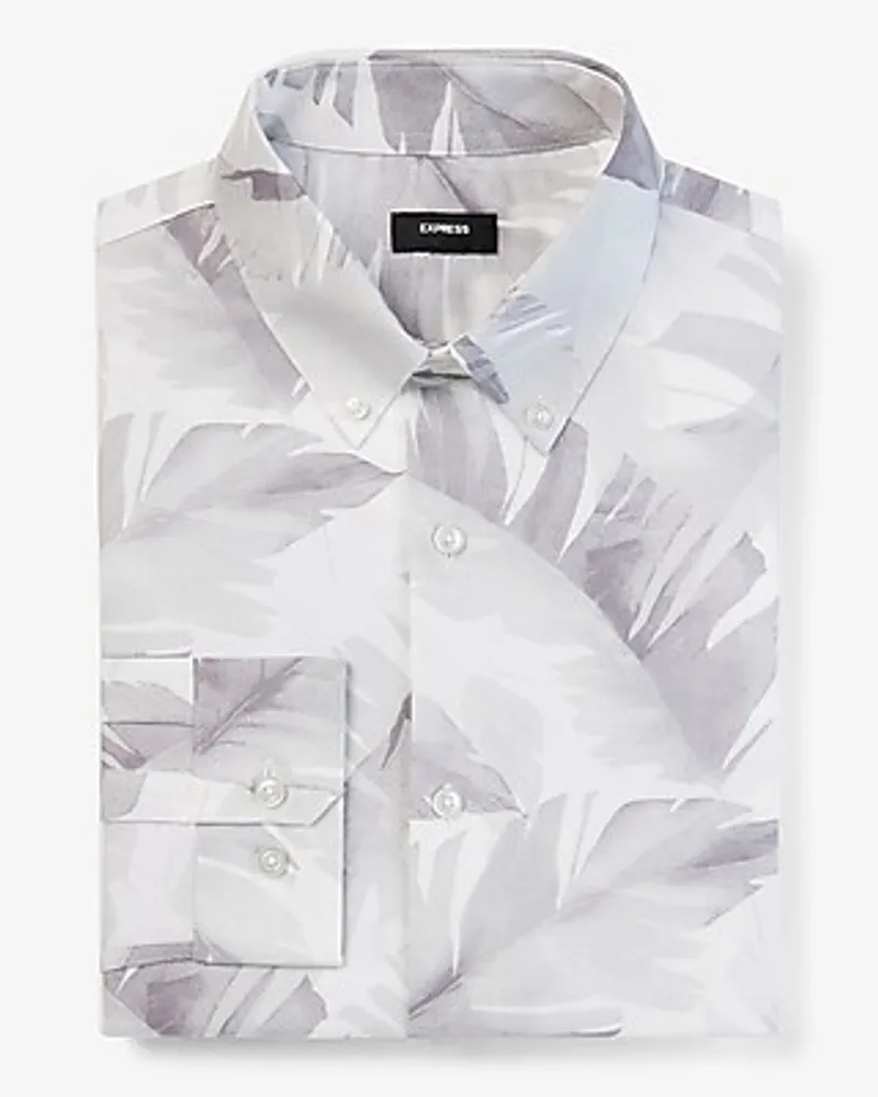 Big & Tall Extra Slim Feather Print Stretch 1Mx Dress Shirt White Men's XXL