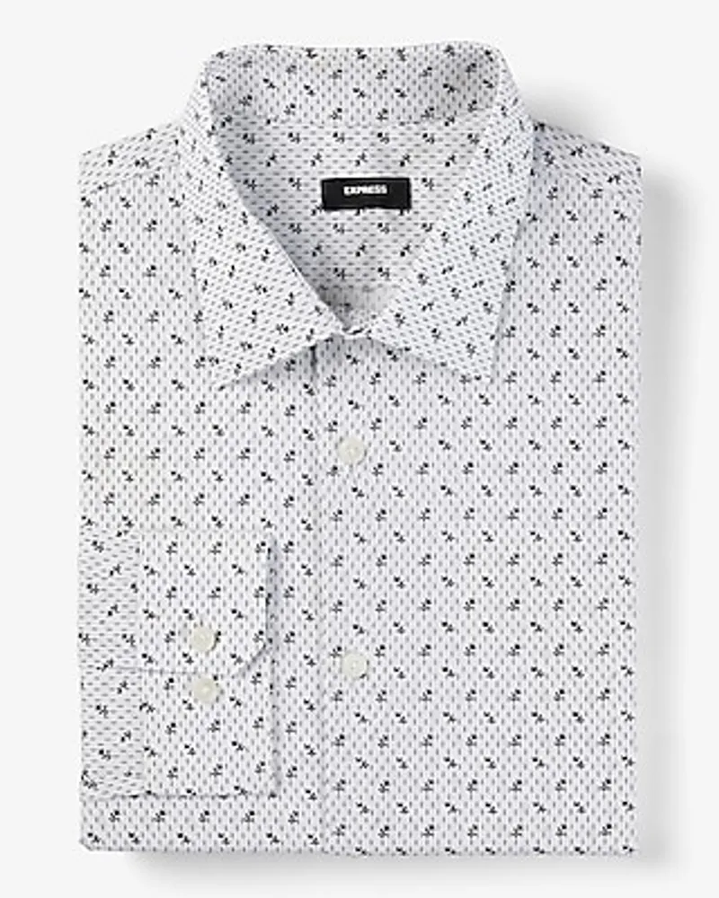 Big & Tall Slim Leaf Dot Print Stretch 1Mx Dress Shirt White Men's XXL