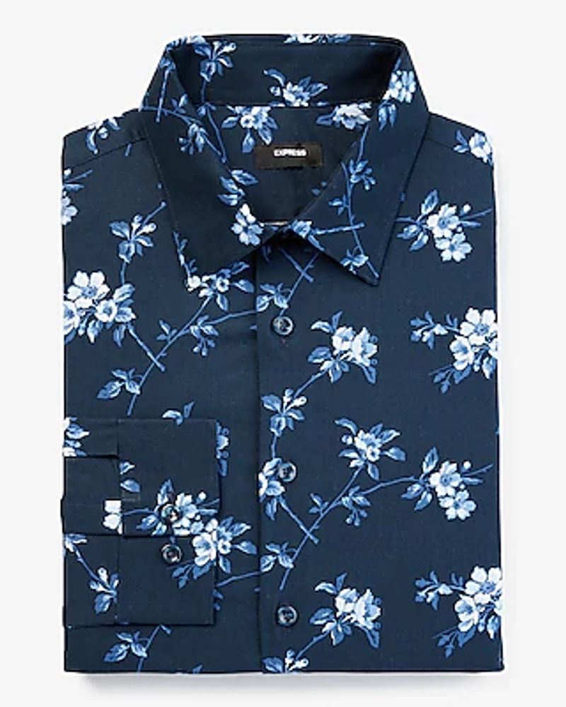 Express Slim Floral Print Stretch 1Mx Dress Shirt Blue Men's XS