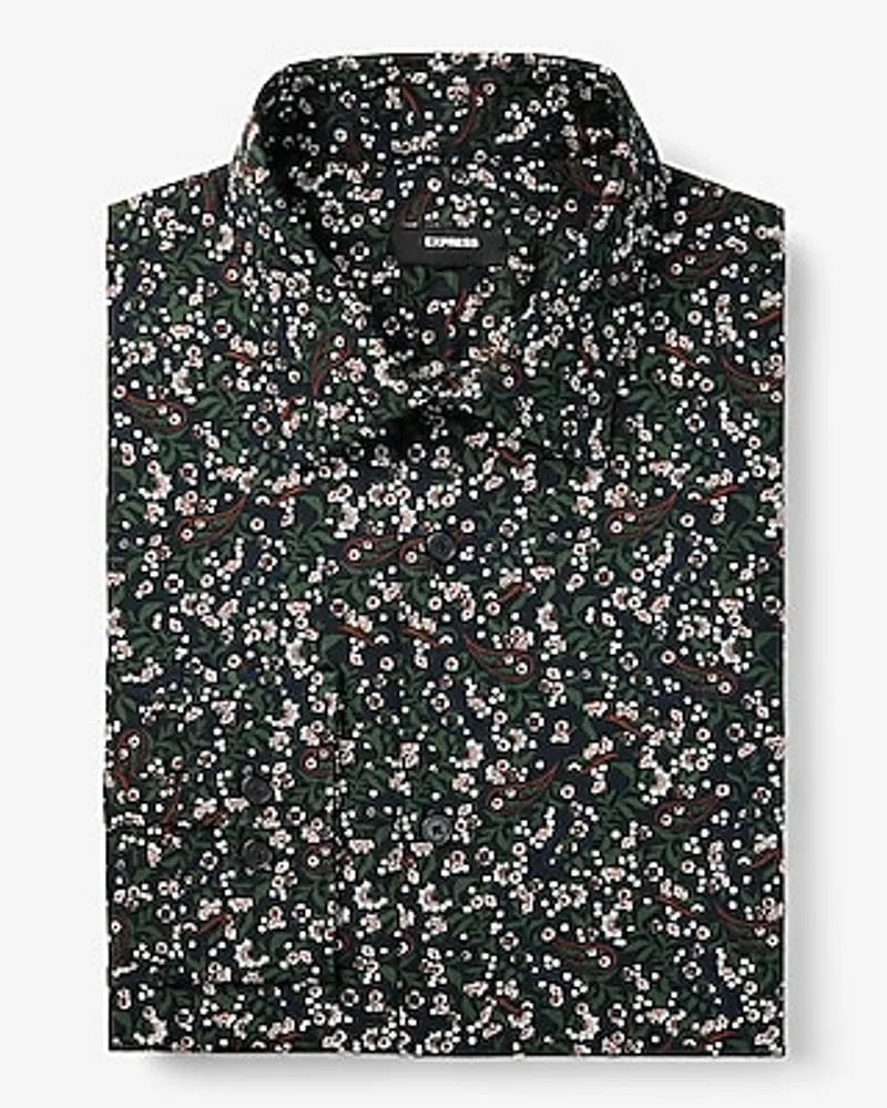 Slim Floral Paisley Stretch 1Mx Dress Shirt Green Men's XS