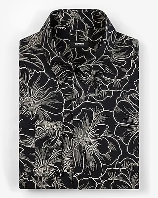 Big & Tall Extra Slim Dot Floral Print Stretch 1Mx Dress Shirt Black Men's XXL