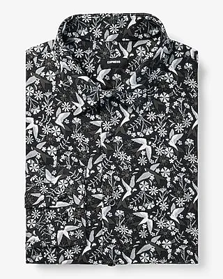 Slim Layered Bird Print Stretch 1Mx Dress Shirt Black Men's XL Tall