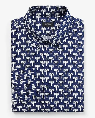 Slim Palm Print Stretch 1Mx Dress Shirt Blue Men