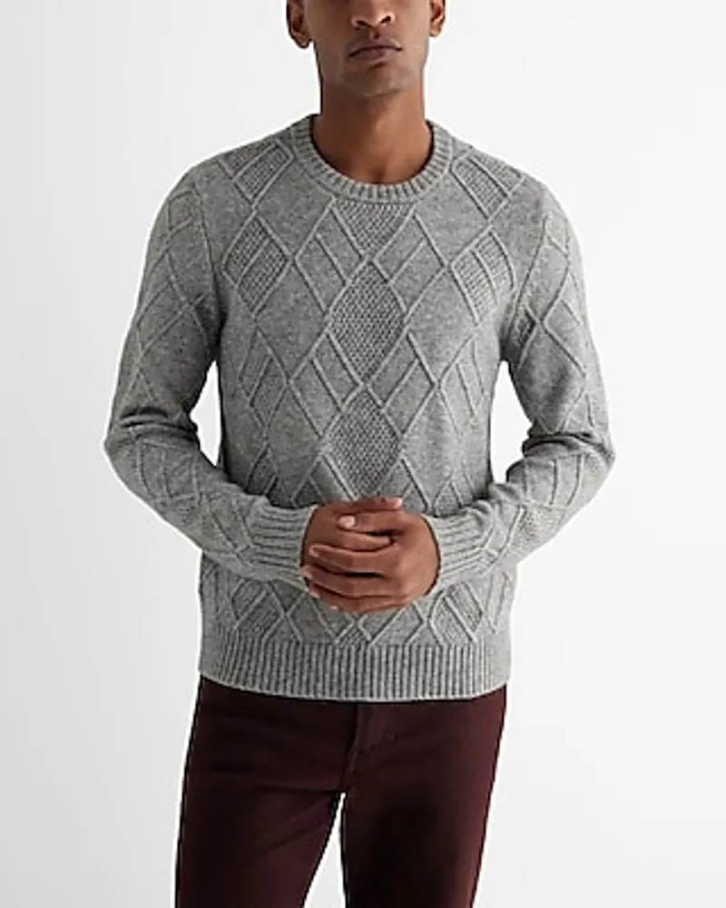 Diamond Cable Knit Crew Neck Sweater Gray Men's XL