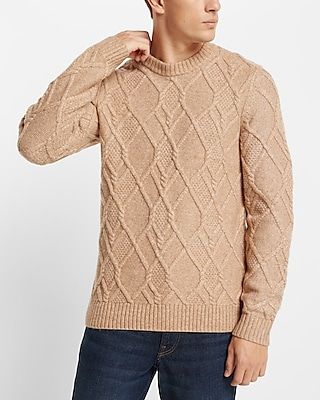 Wool-Blend Cable Knit Crewneck Sweater White Men's