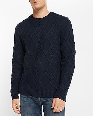 Wool-Blend Cable Knit Crewneck Sweater Blue Men's M