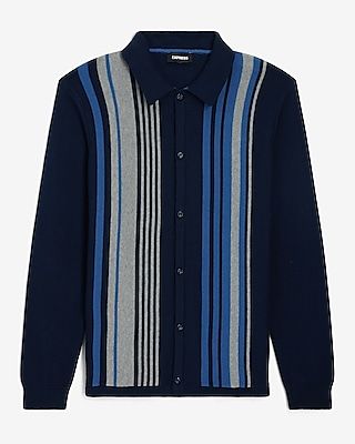 Navy Striped Button Down Sweater Polo