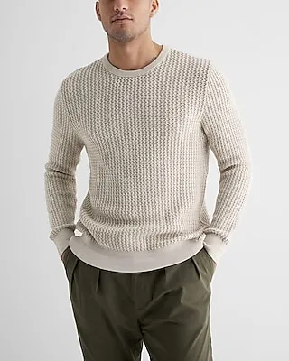 Solid Plaited Crew Neck Cotton-Blend Sweater Neutral Men's XL