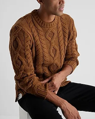 Cotton-Blend Cable Knit Sweater Brown Men's M