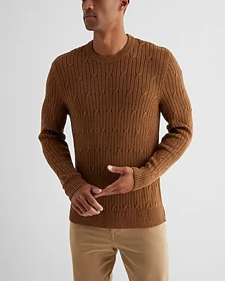 Big & Tall Cable Knit Crew Neck Cotton Sweater Brown Men's XXL