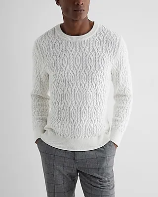Cable Knit Cotton Crew Neck Sweater Neutral Men's L Tall